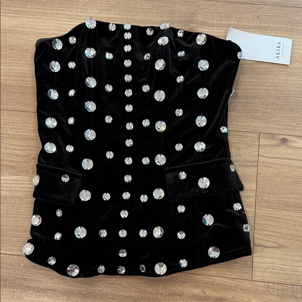 AKIRA Black Crystal-Studded Strapless Top